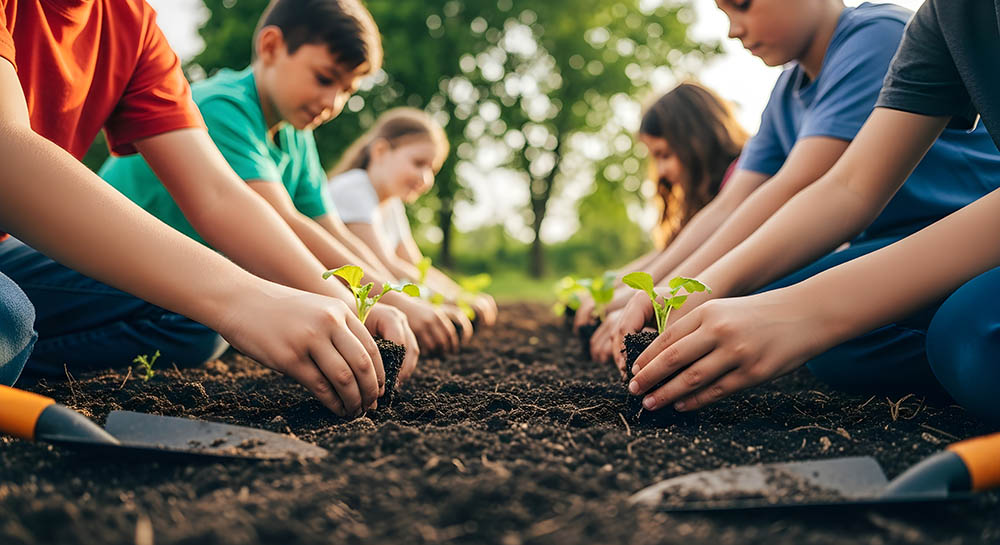 Children planting plants in tilled soil.